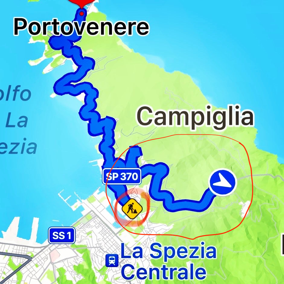 En skärmdumpad bild på GPS som visar en felkörning i Italien