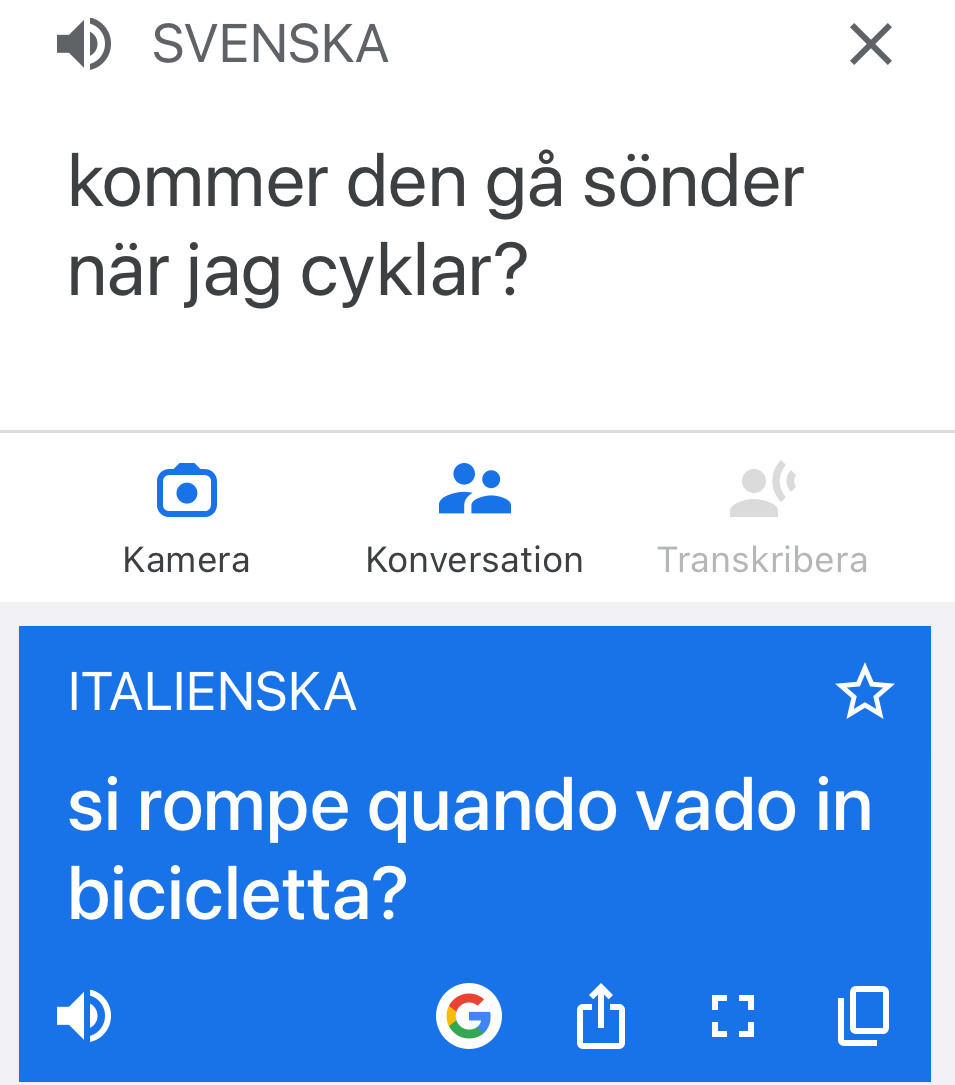 En konversation med en mekaniker i Italien som handlar om min cykels eventuella behov av lagning