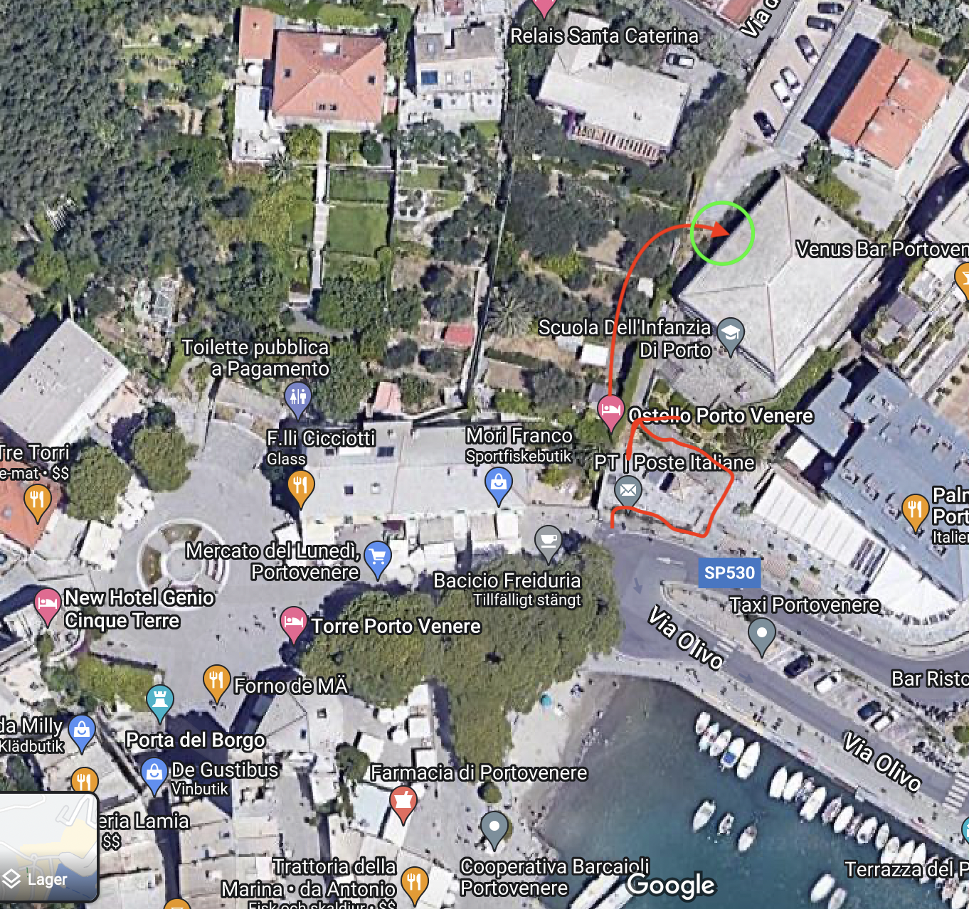En skärmdump från google maps med vägbeskrivning till vandrarhemmet Ostello di Porto Venere i Porto Venere Italien
