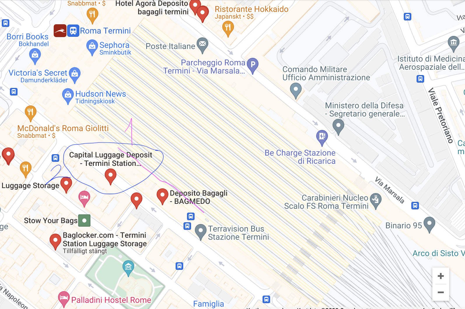 Karta som med rosa markering visar var bagageförvaringen finns på Roms största tågstation, samt med blå markering som visar var en extern bagageförvaring finns.