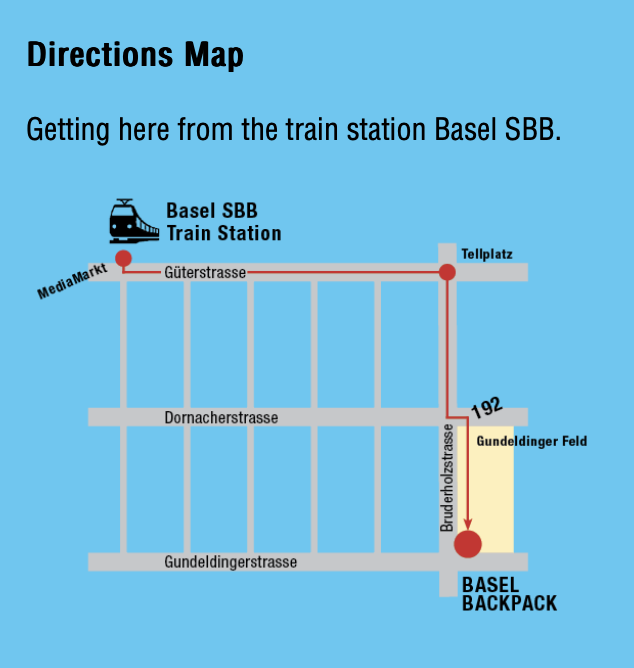 Enklare karta som visar hur man hittar från tågstationen i Basel till vandrarhemmet Basel Backack.