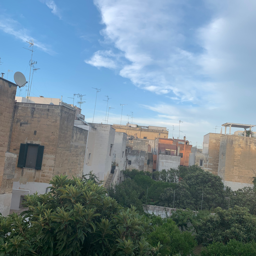 Utsikten över innergårdarnas grönska från terassen på vandrarhemmet Urban Oasis i Lecce Italien