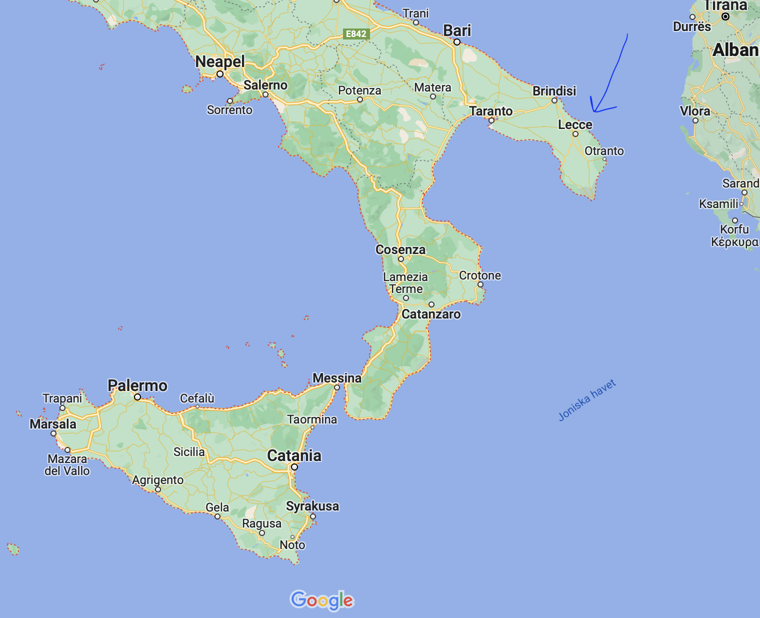 Karta som visar Lecce och den södra spetsen av Italien.