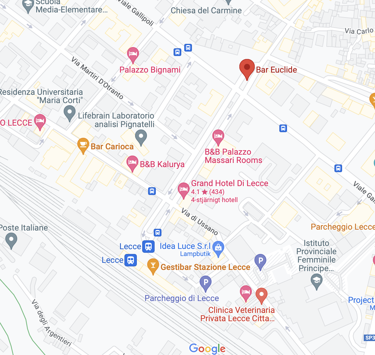 Skärmavbild 2023-01-13 kl. 15.53.03 En googlekarta som visar var Bar Euclide Pinarello i Lecce Italien är beläget