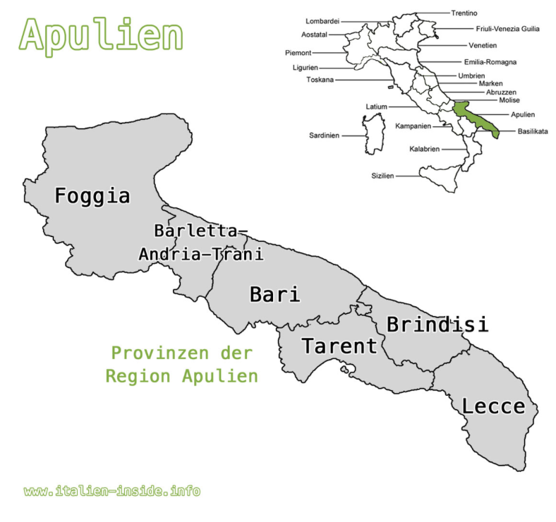 En karta som visar regionen Apulien i den östra delen av södra Italien