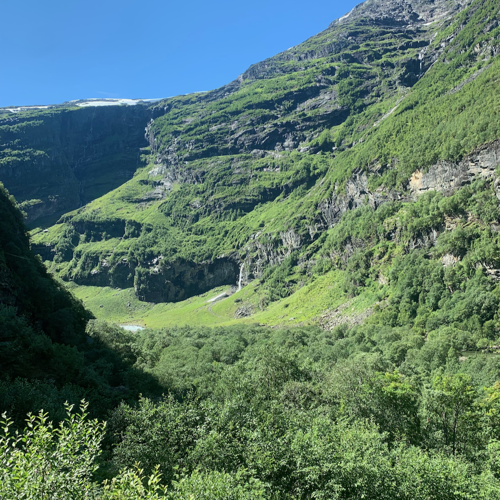 Vacker bergsdal i Flåms i Norge