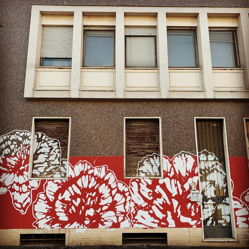 Vita blommot mot röd botten på en husfasad som streetart i Quartier dell Ortica i Milano.