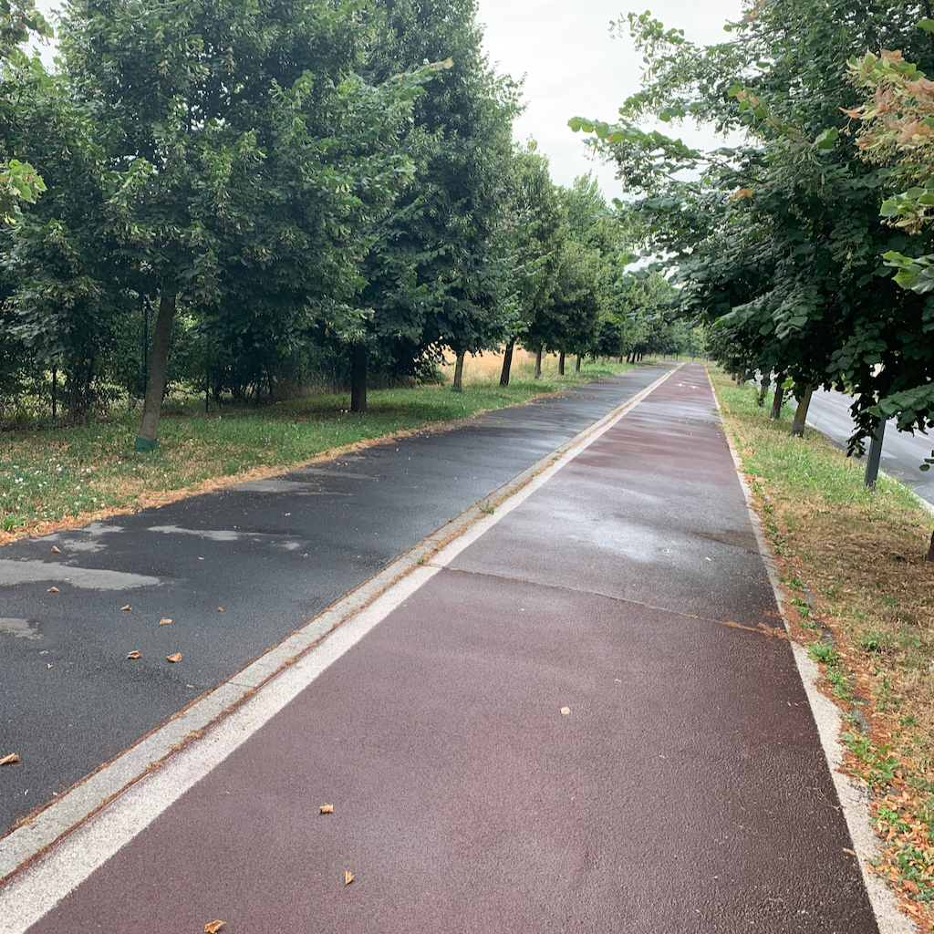En regning cykelväg ut i spenaten i Milano