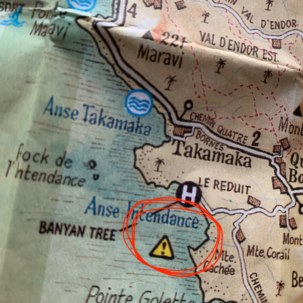 En karta som visar på drunkningsrisken vid Anse Intendance på Mahé, Seychellerna