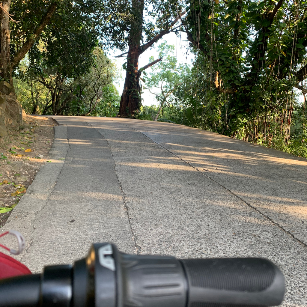 En cykel på en vacker väg omgiven av hav och djungel på Mahé Seychellerna