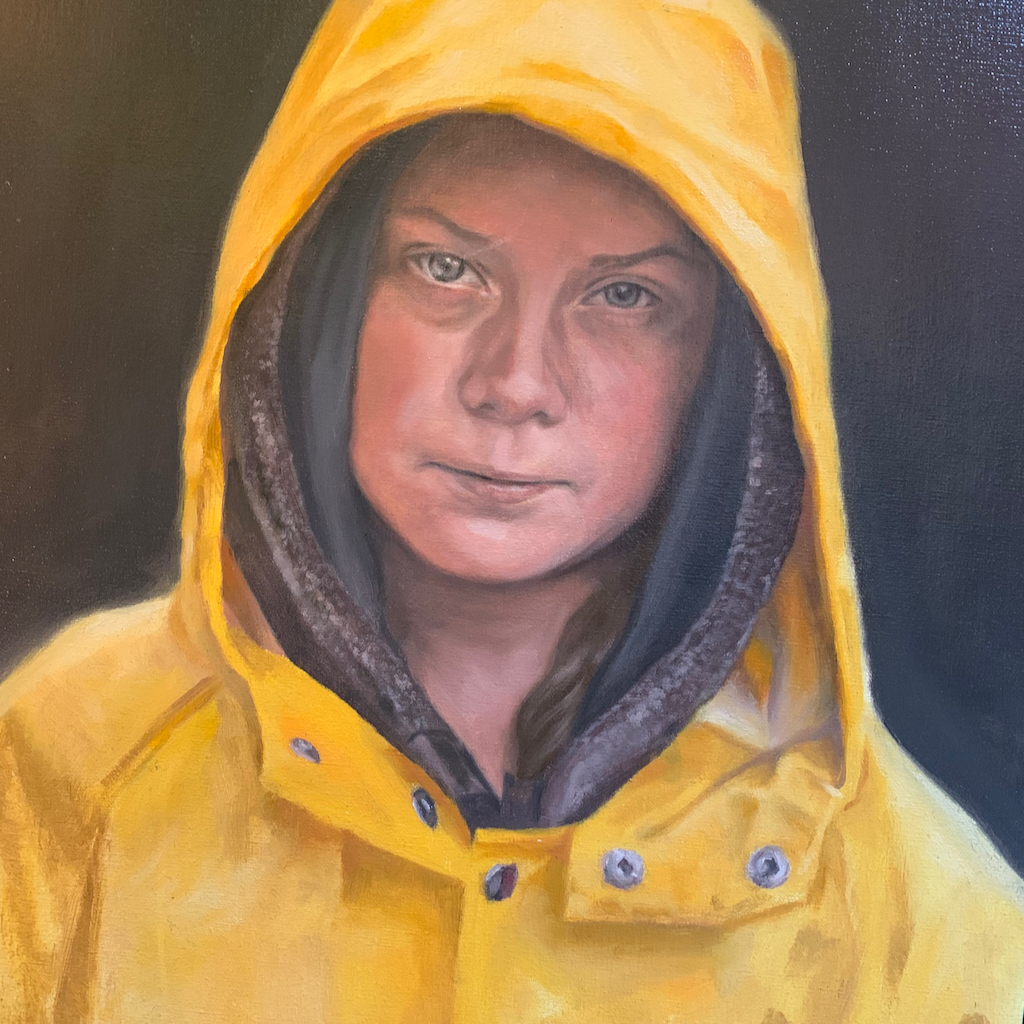 Ett porträtt målat av Johannes Nygren föreställande Greta Thunberg i sin karaktäristiska gula regnjacka, som hänger på Stadshotellet i Varberg
