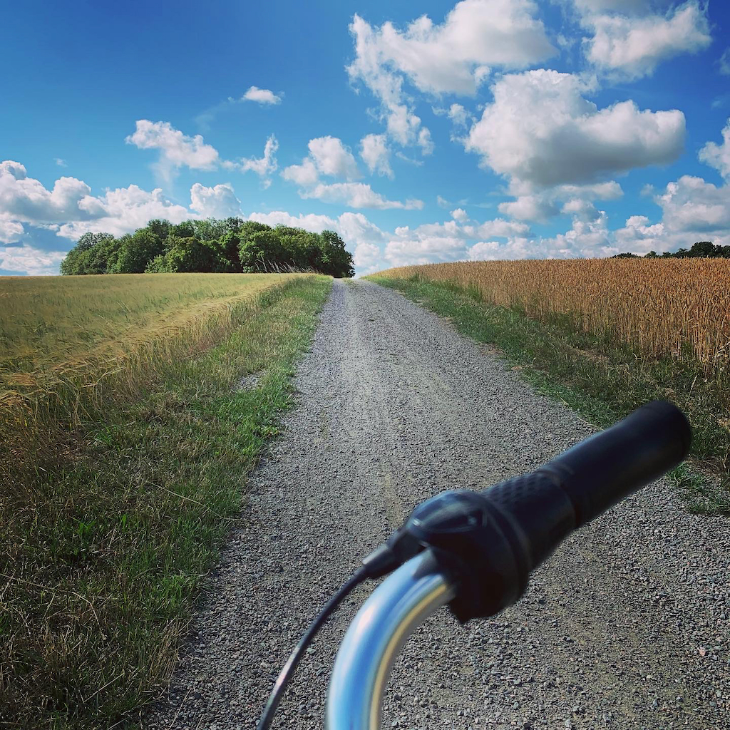 Ett cykelhandtag i förgrunden av en grusad cykelväg som löper mellan sädesfält och blå himmel på Bornholm i Danmark