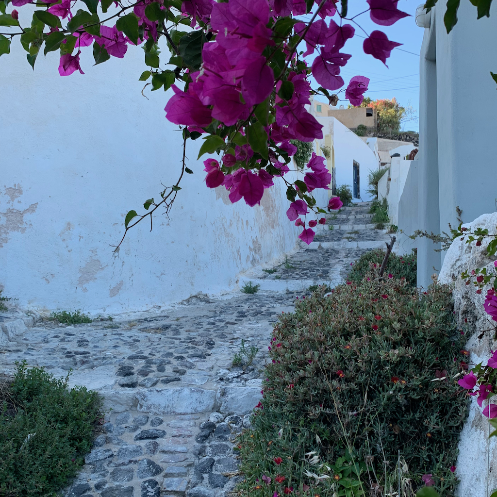 En stenig gränd på väg till restaurangen Metaxi Mas i Exo Gonia på Santorini i Grekland