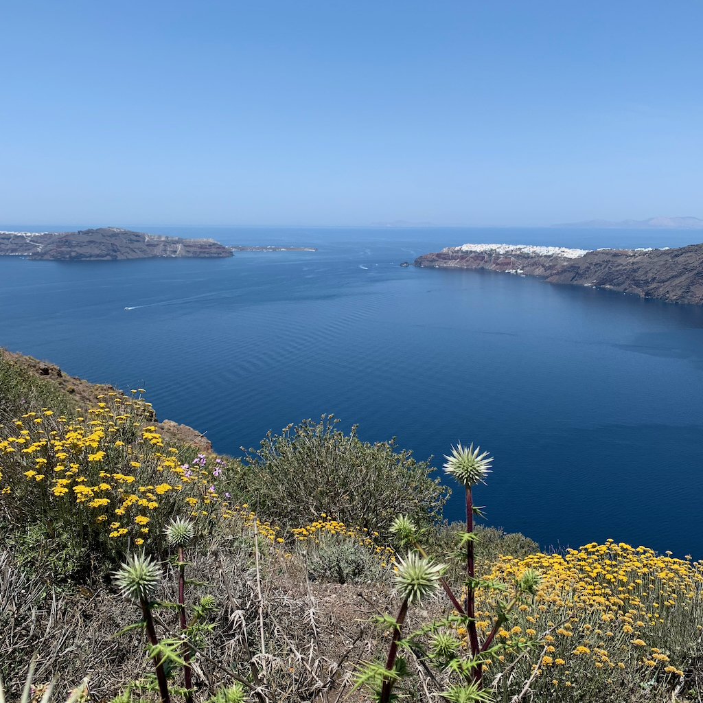 En vy över Oia långt bort i horisonten utmed vandringsleden mellan Fira och Oia på Santorini i Grekland