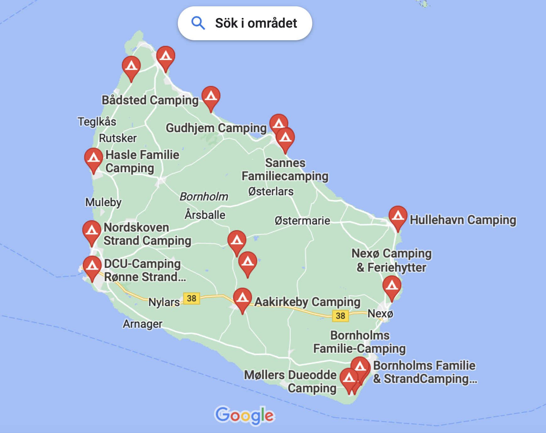 Karta som visar på campingplatser och vindskydd på Bornholm i Danmark