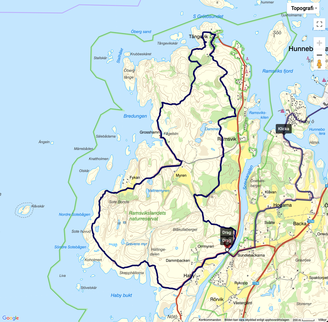 Karta över Ramsvikslandet som en del av Kuststigen Bohuslän.