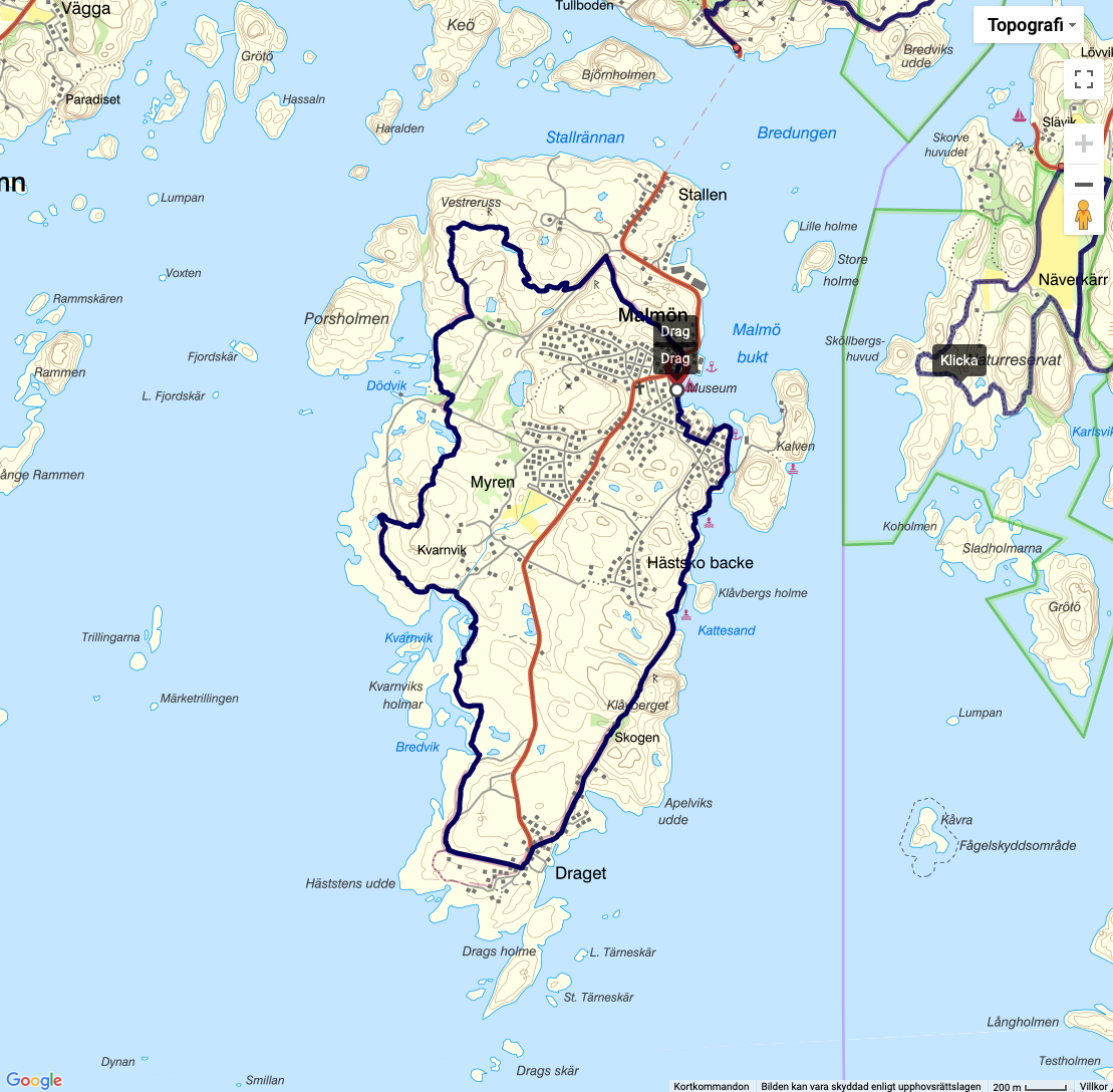Karta över vandringsleden Bohus Malmön som är en del av Kuststigen Bohuslän.