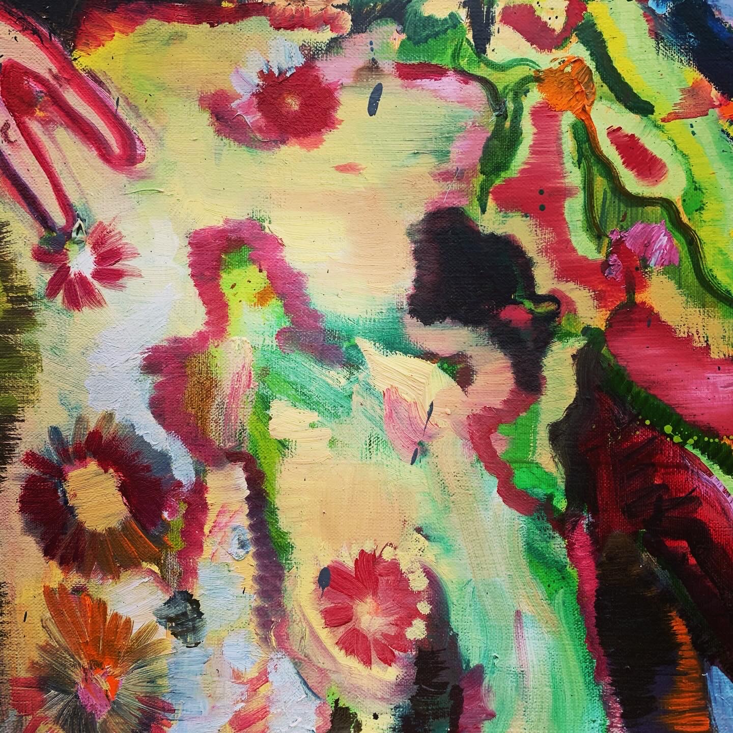 Färgglada detaljer ur en målning av Daniel Richter som heter Jawohl und Gomorrha på det samtida konstmuseet Hamburger Banhof i Berlin.