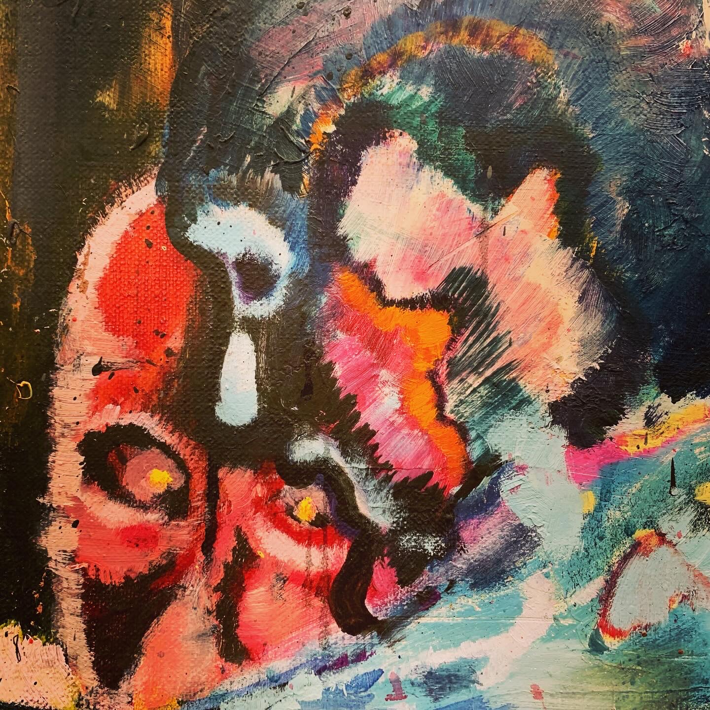 Färgglada detaljer ur en målning av Daniel Richter som heter Jawohl und Gomorrha på det samtida konstmuseet Hamburger Banhof i Berlin.