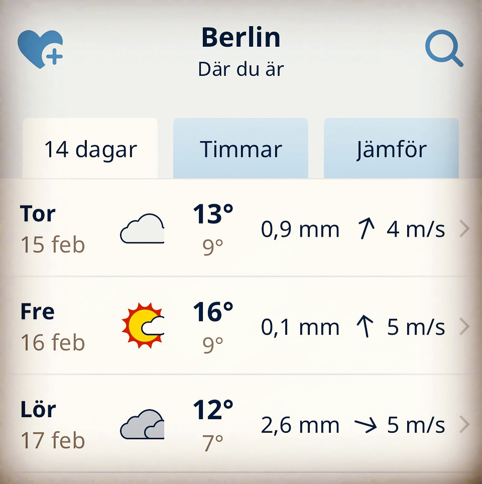 En väderleksrapport med solsken i Berlin, i väderappen Klart.