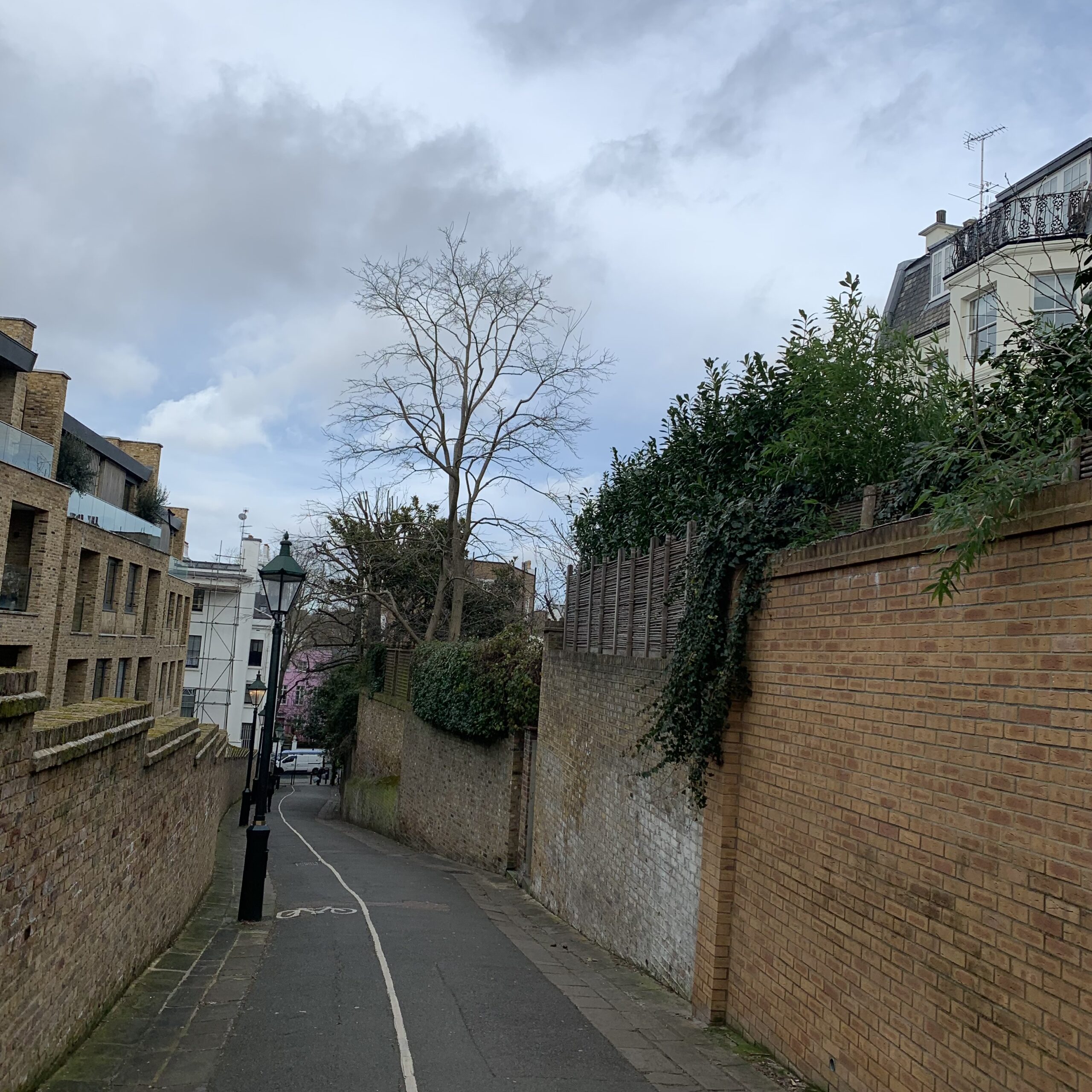 En gång- och cykelbana i Holland park i London med en heldragen vit linje som separerar fotgängare från cyklister.