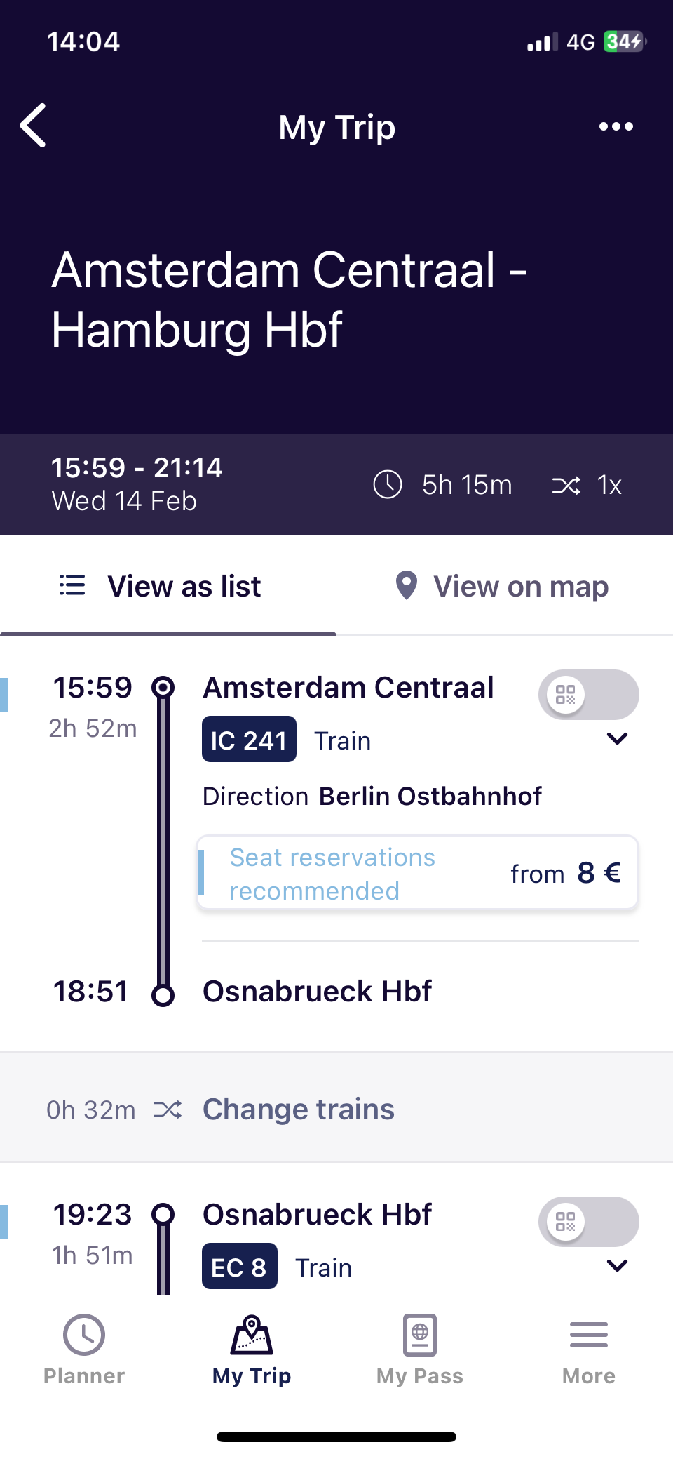 En tågavgång från Amsterdam till Hamburg i Railplanner appen.